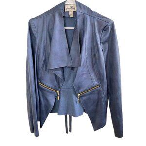 Joseph Ribkoff Blue Faux Leather Jacket‎ with Gold Accents Size 8